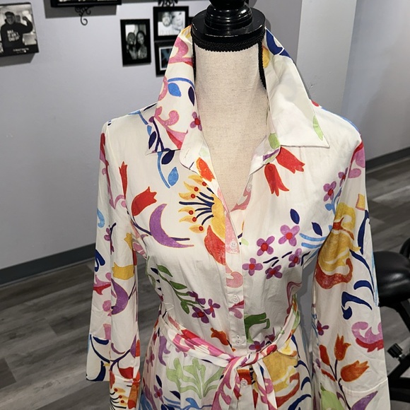 Zara Totem Floral Print Bow Sashes Midi Shirt Dress - Picture 3 of 13